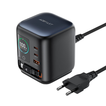 100W GaN punjač Acefast "Z10" - 3x USB-C, s izvlačnim USB-C kabelom i TFT zaslonom - black