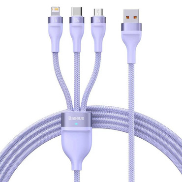 Punjač i podatkovni 100W USB-A na USB-C, Lightning, Micro-USB kabel Baseus "Flash Series 2" - 480Mbps - 1.2m - purple