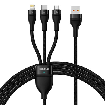 Punjač i podatkovni 66W USB-A na USB-C, Lightning, Micro-USB kabel Baseus "Flash Series 2" - 480Mbps - 1.2m - black