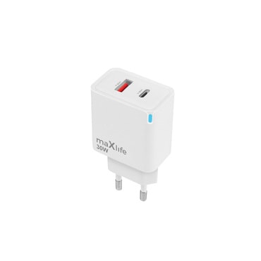 Zidni punjač Maxlife MXTC-09-30AC GaN - 30W, USB-C + USB-A, PD/QC - white