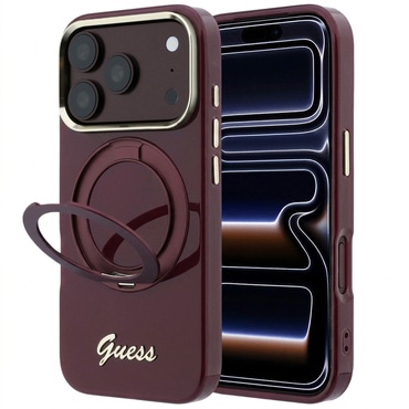 Premium maskica Guess "Ring Stand Script Metal Logo MagSafe" za iPhone 17 Pro Max / 18 Pro Max - burgundy