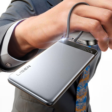 Power bank Lisen "Ultra-Slim" 10000mAh s ugrađenim USB-C kabelom, PD22.5W, LED prikazivač - gray