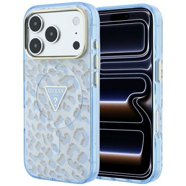 Maskica Guess "Leopard Glitter Triangle Logo MagSafe" za iPhone 17 Pro / 18 Pro - light blue