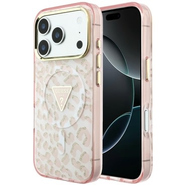 Maskica Guess "Leopard Glitter Triangle Logo MagSafe" za iPhone 17 Pro / 18 Pro / 18 Pro - pink
