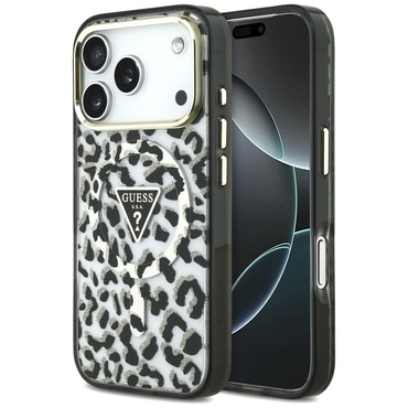 Maskica Guess "Leopard Glitter Triangle Logo MagSafe" za iPhone 17 Pro / 18 Pro / 18 Pro - black