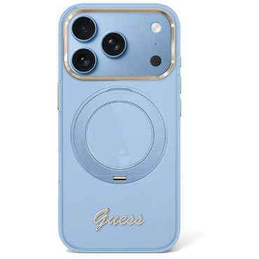 Premium maskica Guess "Ring Stand Script Metal Logo MagSafe" za iPhone 17 Pro / 18 Pro / 18 Pro - light blue