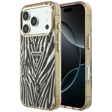 Maskica Guess "Leopard Glitter Triangle Logo MagSafe" za iPhone 17 Pro / 18 Pro / 18 Pro - gold