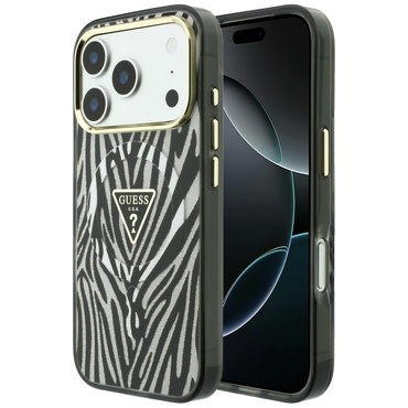 Maskica Guess "Leopard Glitter Triangle Logo MagSafe" za iPhone 17 Pro Max / 18 Pro Max / 18 Pro - silver