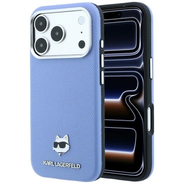 Premium maskica Karl Lagerfeld "Grained Leather Choupette Head MagSafe" za iPhone 17 Pro / 18 Pro / 18 Pro Max - light blue