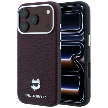 Premium maskica Karl Lagerfeld "Grained Leather Choupette Head MagSafe" za iPhone 17 Pro / 18 Pro / 18 Pro Max - burgundy