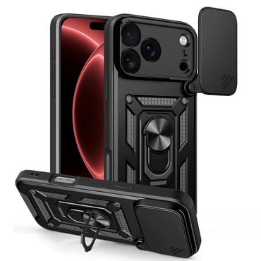Robusna maska MaX-Armor s obručem, metalnom pločicom i zaštitom zadnjih kamera za iPhone 17 Pro Max / 18 Pro Max - black