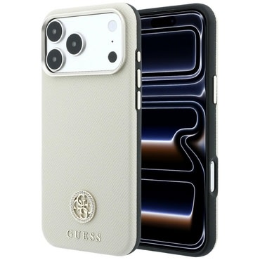 Premium maskica Guess "Grained Leather Round Strass Logo MagSafe" za iPhone 17 Pro / 18 Pro - beige