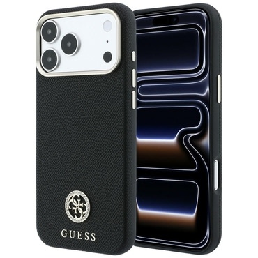 Premium maskica Guess "Grained Leather Round Strass Logo MagSafe" za iPhone 17 Pro Max / 18 Pro Max - black