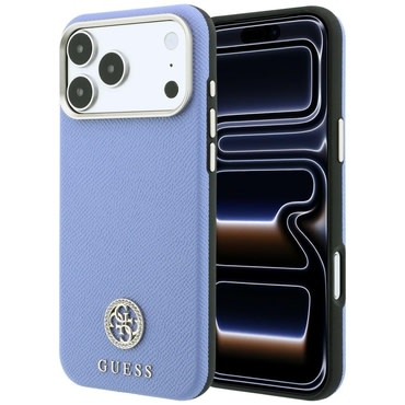 Premium maskica Guess "Grained Leather Round Strass Logo MagSafe" za iPhone 17 Pro Max / 18 Pro Max - light blue