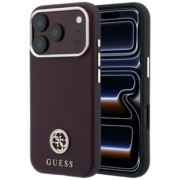 Premium maskica Guess "Grained Leather Round Strass Logo MagSafe" za iPhone 17 Pro Max / 18 Pro Max - burgundy