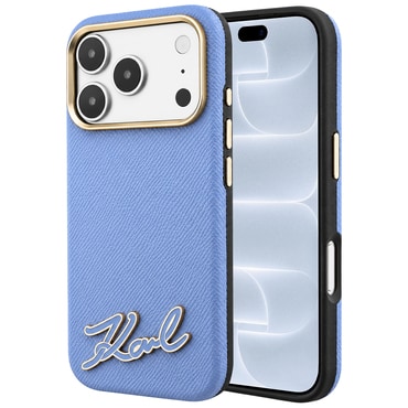 Premium maskica Karl Lagerfeld "Grained Leather with Resin Sign Logo MagSafe" za iPhone 17 Pro / 18 Pro - light blue