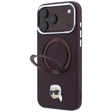 Premium maskica Karl Lagerfeld "Leather Ring Stand 360 K Pin" za iPhone 17 Pro / 18 Pro - burgundy