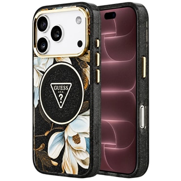 Maskica Guess "IML Metal Glitter Flowers Triangle MagSafe" za iPhone 17 Pro Max / 18 Pro Max - black