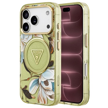 Maskica Guess "IML Metal Glitter Flowers Triangle MagSafe" za iPhone 17 Pro Max / 18 Pro Max - green