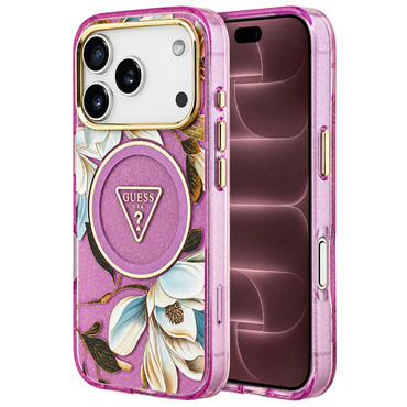 Maskica Guess "IML Metal Glitter Flowers Triangle MagSafe" za iPhone 17 Pro Max / 18 Pro Max - purple