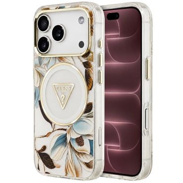 Maskica Guess "IML Metal Glitter Flowers Triangle MagSafe" za iPhone 17 Pro Max / 18 Pro Max - white