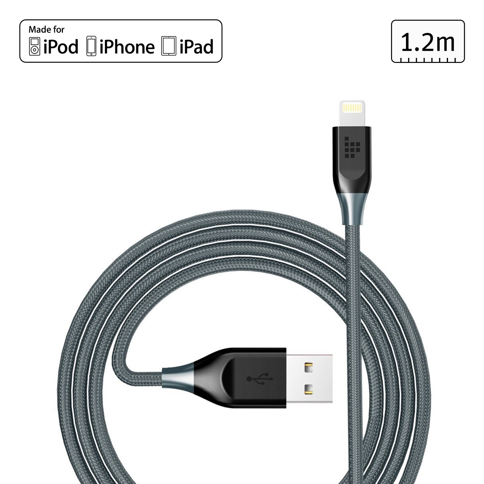 Lightning kabel Tronsmart za Apple uređaje s MFI certifikatom i dodatkom kevlara – 1.2m – siva