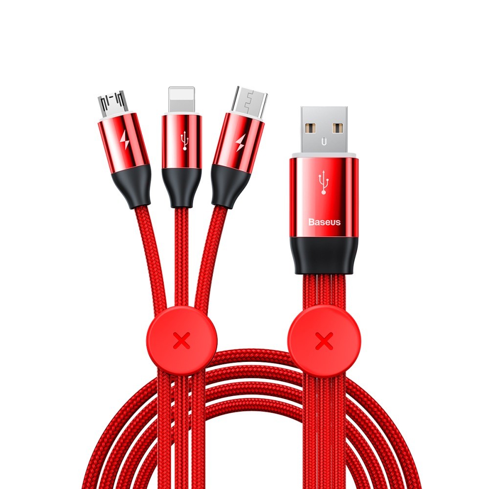 USB-C, Micro USB i MFI Lightning 3 u 1 Baseus pleteni kabel za punjenje - crvena