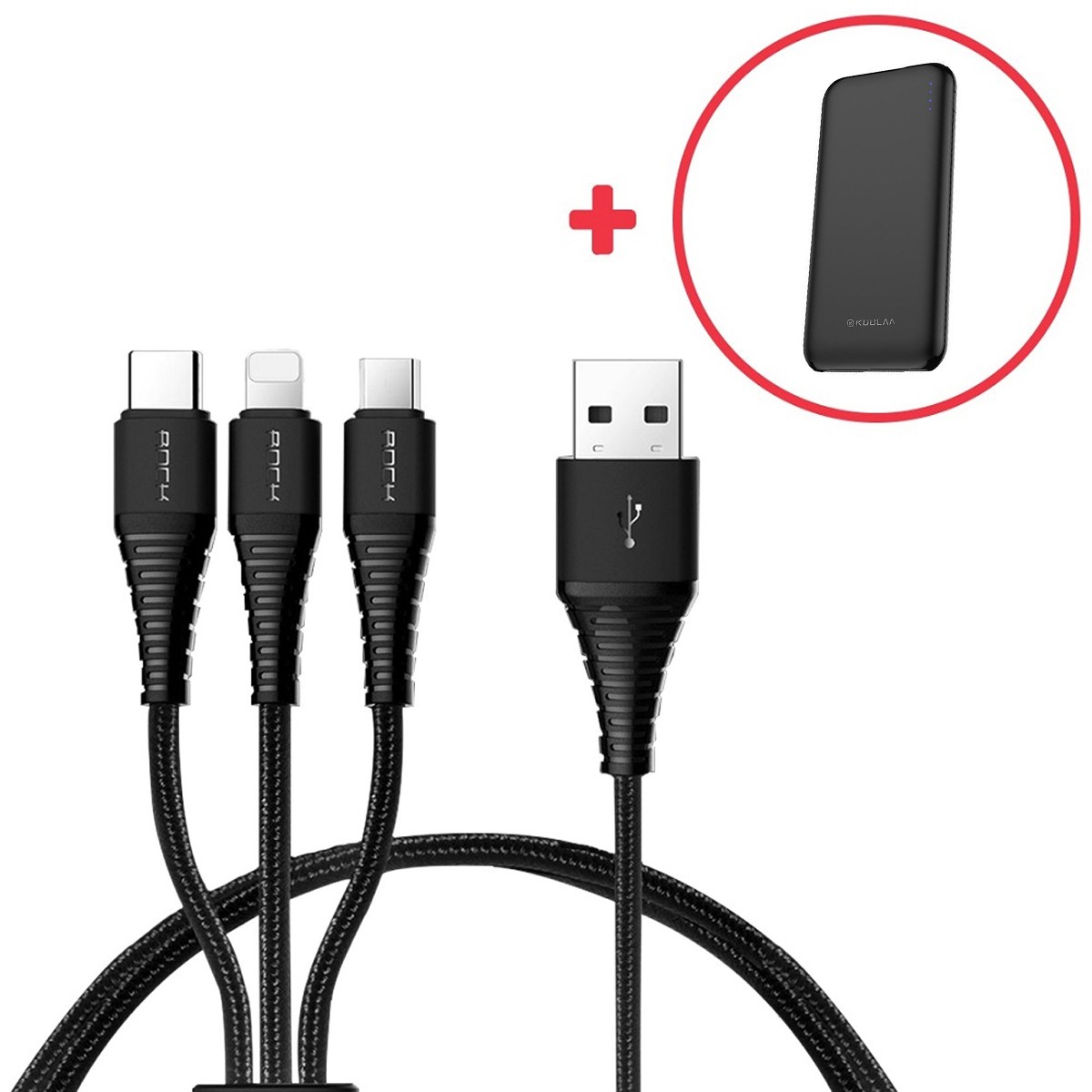 KL charge paket: 1x Polnilni kabel iz pletenoga najlona 3 v 1 z USB-C, Lightning in Micro USB priključki + 1x Power bank KL Power sa USB-C ulazom - 10000 mAh