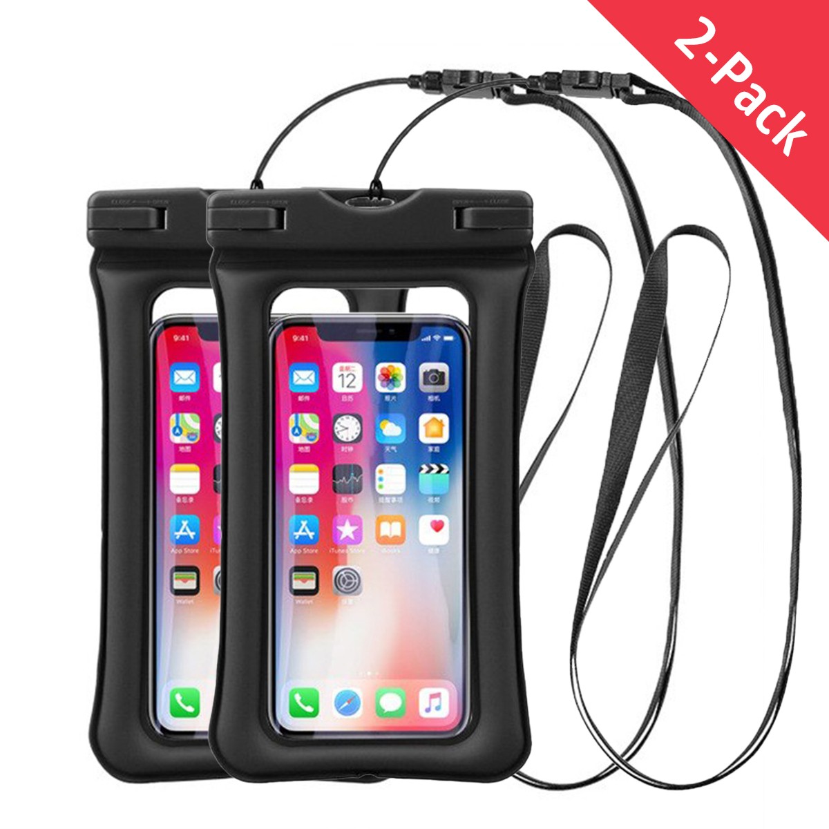 2-Pack: 2x Vodootporni džep za korištenje mobilnih uređaja u vodi s zračnim džepom za plovnost - crna