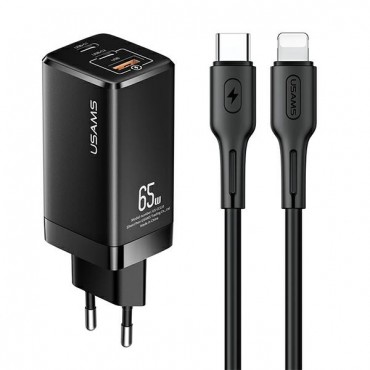 Zidni adapter za punjenje Usams "MT" s QC3.0, 65W PD, GaN tehnologijama, s USB-A i dva USB-C izlaza te USB-C u Lightning kablom - crni Zidni adapter za punjenje Usams "MT" s QC3.0, 65W PD, GaN tehnologijama, s USB-A i dva USB-C izlaza te USB-C u Lightning kablom - crni
