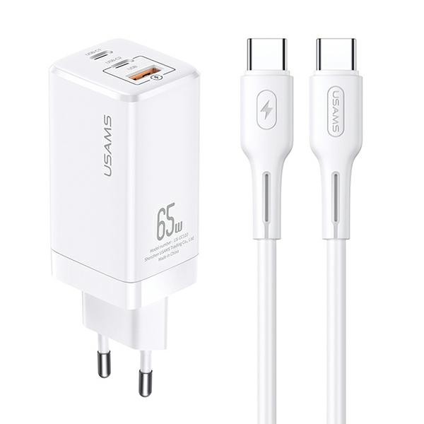 Zidni adapter za punjenje Usams "MT" s QC3.0, 65W PD, GaN tehnologijama, s USB-A i dva USB-C izlaza te USB-C u USB-C kablom - bijeli