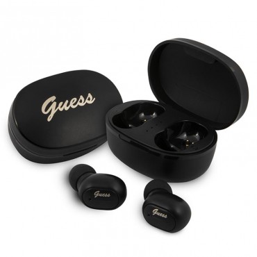 Earbuds bežične Bluetooth slušalice Guess "Logo Script" s prenosno polnilno postajo - crne