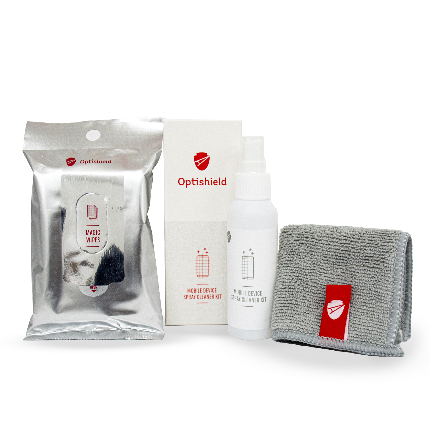 "Clean Screen" Optishield® paket s vlažnim krpicama, dvije krpice od mikrovlakana i sprejem za čišćenje zaslona