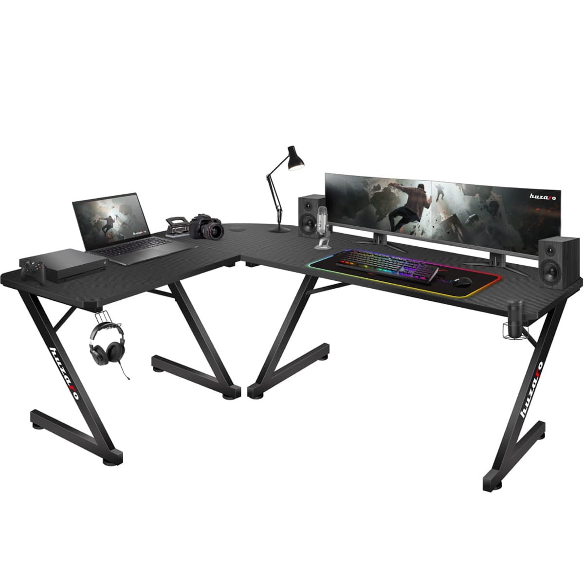 Kutni gaming stol Huzaro HZ-Hero 7.0 s mogućnošću postavljanja i do 4 monitora i korištenja 2 osobe istovremeno - crni