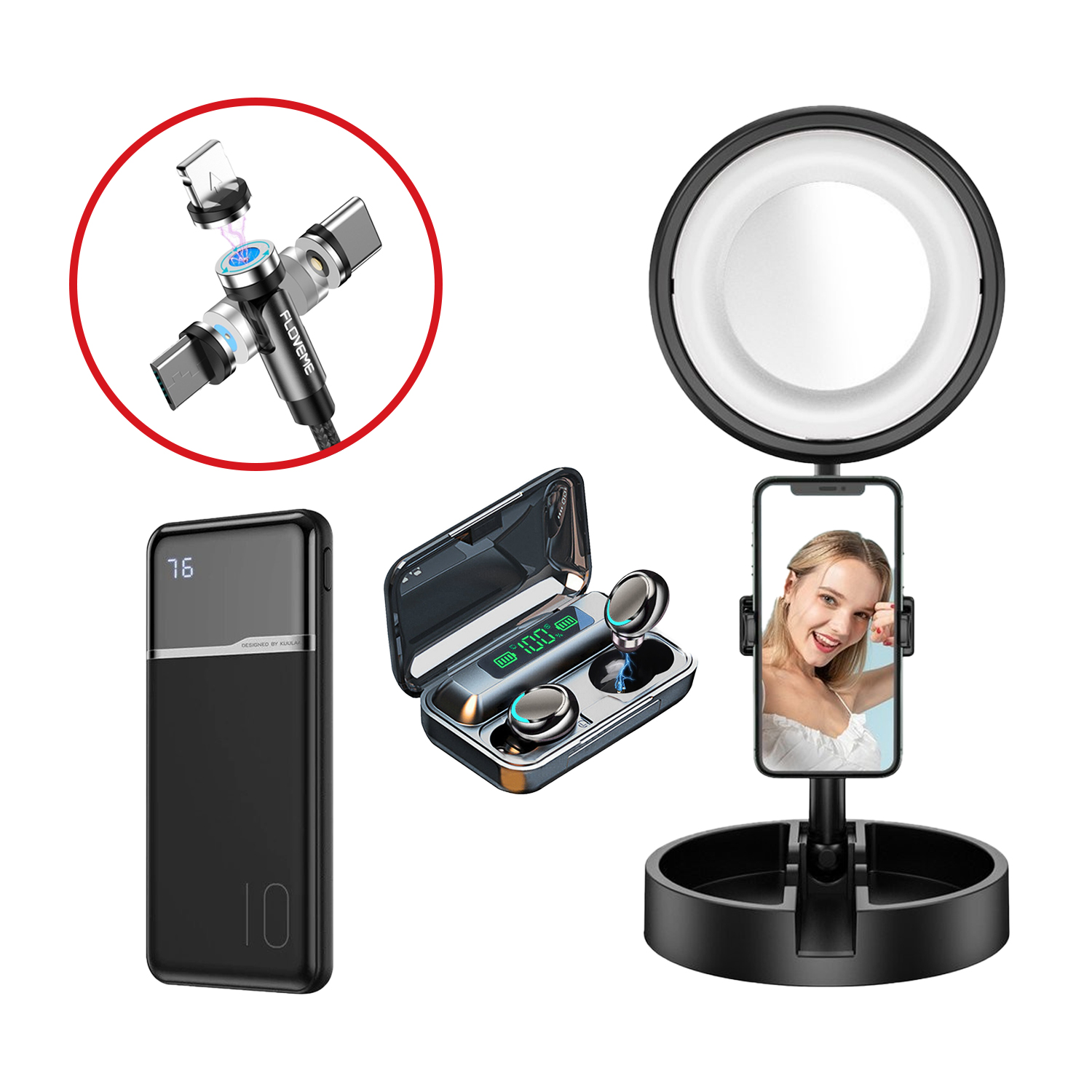 "Content creator kit'' paket LED selfie obruča, power banka, kabla i Bluetooth slušalica
