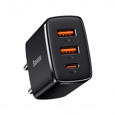 Punjač za telefon Baseus "Compact" - zidni punjač s tri izlaza za punjenje i protokolima brzog punjenja USB-C PD 3.0 i USB QC 3.0 - crni