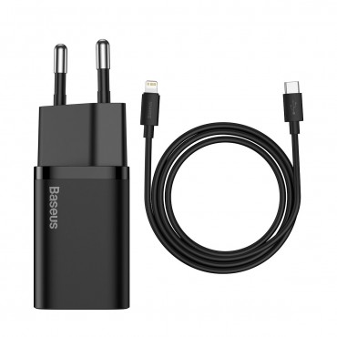 Punjač za telefon Baseus "Super Si" - zidni punjač PD 20W s priloženim USB-C u Lightning kablom za punjenje i podatkovnim - crni