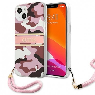 Originalna čvrsta TPU maska Guess "Camo Strap Collection" za iPhone 13 - roza