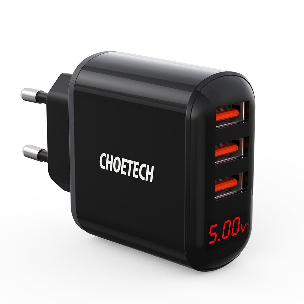 Punjač za telefon "Choetech Trio" - zidni punjač sa tri USB ulaza i pokazivačem napona - crni