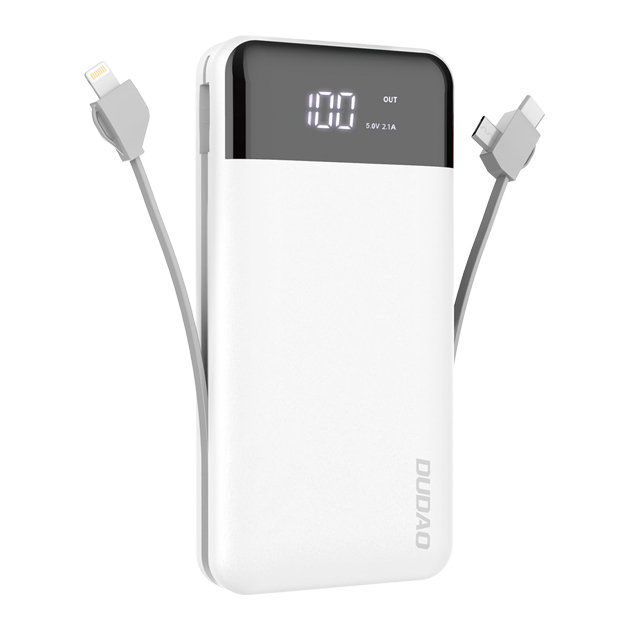 Power bank Dudao "Force Pro" - prijenosna baterija s ugrađenim USB-C, Micro USB i Lightning kabelima - 20000 mAh - bijeli