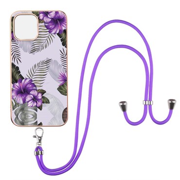 TPU gel maska "Purple Flowers" za iPhone 13 Pro s priručnom vezicom za prenošenje