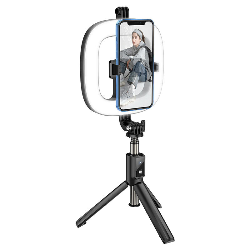LED selfie stick i tronožni stalak "Broadcast" s kvalitetnim osvjetljenjem i daljinskim odašiljačem - crni