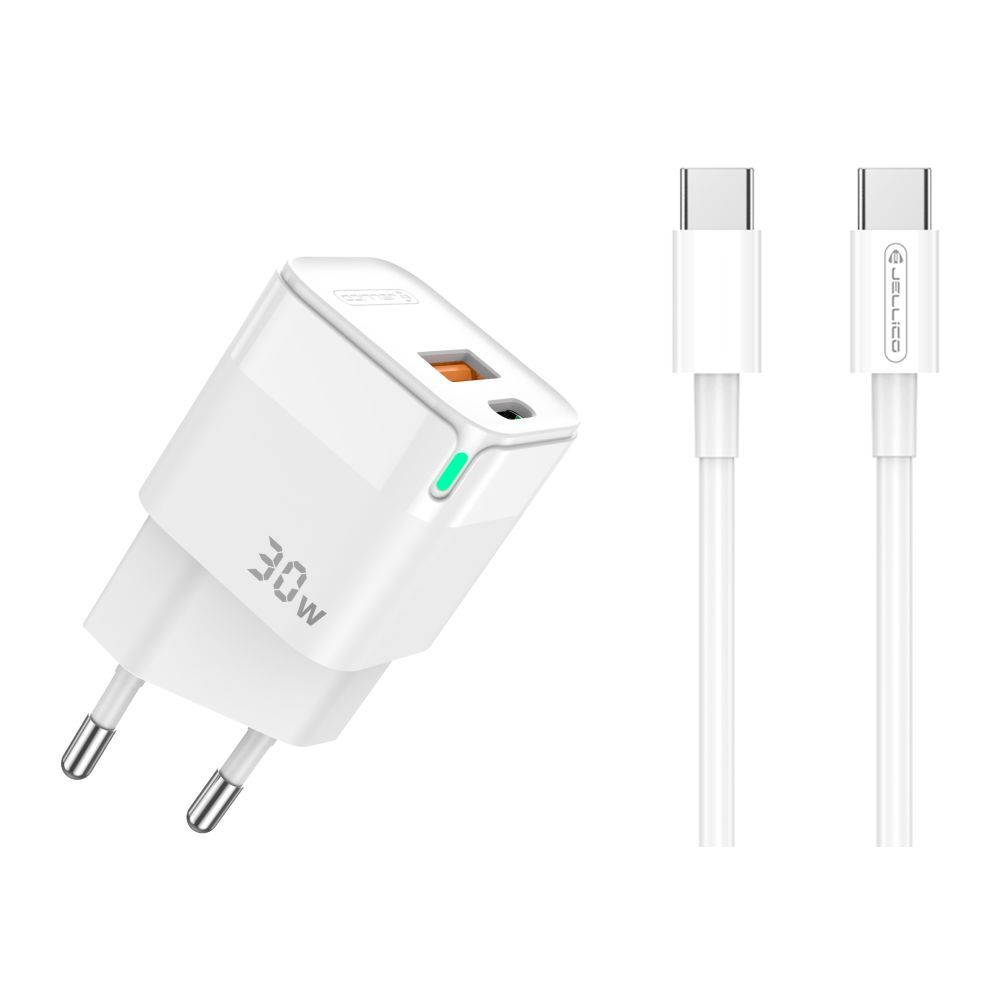 Zidni punjač Jellico "Dual Fast Charge 30W" - s USB-C PD i USB-A QC 3.0 izlazima i priloženim USB-C kabelom - 1m - bijeli