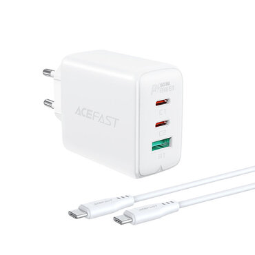 Punjač za telefon Acefast "Triple Power" - zidni punjač sa PD, QC 3.0, AFC, FCP standardima punjenja 65W, s dva USB-C i jednim USB izlazom, s uključenim USB-C na USB-C kabelom za prijenos podataka i punjenje - bijeli Punjač za telefon Acefast "Triple Power" - zidni punjač sa PD, QC 3.0, AFC, FCP standardima punjenja 65W, s dva USB-C i jednim USB izlazom, s uključenim USB-C na USB-C kabelom za prijenos podataka i punjenje - bijeli