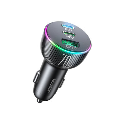 Brzi auto punjač "LumiCharge" 70W sa QC, PD i tri izlaza za punjenje Brzi auto punjač "LumiCharge" 70W sa QC, PD i tri izlaza za punjenje