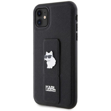 Originalna maska  Karl Lagerfeld "Karl and Choupette Gripstand" Saffiano za iPhone 11 s stojalom - crna