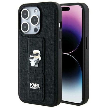 Originalna maska Karl Lagerfeld "Karl and Choupette Gripstand" Saffiano za iPhone 14 Pro s stojalom - crna