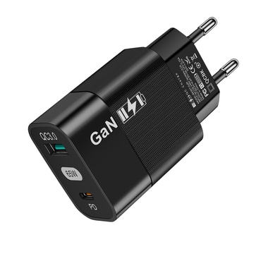 Zidni adapter za punjenje Techsuit "CHPD131" GaN, s USB-A i USB-C izlazima 65W - crni Zidni adapter za punjenje Techsuit "CHPD131" GaN, s USB-A i USB-C izlazima 65W - crni