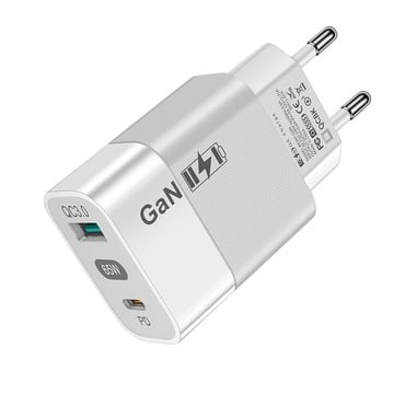 Zidni adapter za punjenje Techsuit "CHPD131" GaN, s USB-A i USB-C izlazima 65W - bijeli Zidni adapter za punjenje Techsuit "CHPD131" GaN, s USB-A i USB-C izlazima 65W - bijeli
