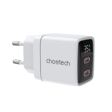 Zidni adapter za punjenje Choetech "PD6051", s GaN tehnologijom, dva USB-C izlaza i prikazom snage punjenja 35W - bijeli Zidni adapter za punjenje Choetech "PD6051", s GaN tehnologijom, dva USB-C izlaza i prikazom snage punjenja 35W - bijeli